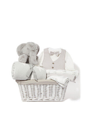 Baby Gift Hamper - 4 Piece Set with Cream Linen Waistcoat Mock Romper